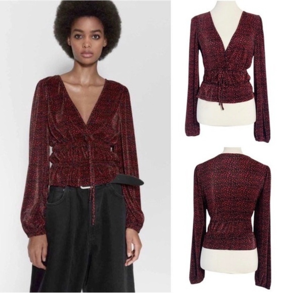 Zara Red Black Abstract Animal Print Plisse Pleated Cropped Blouse V-Neck Small